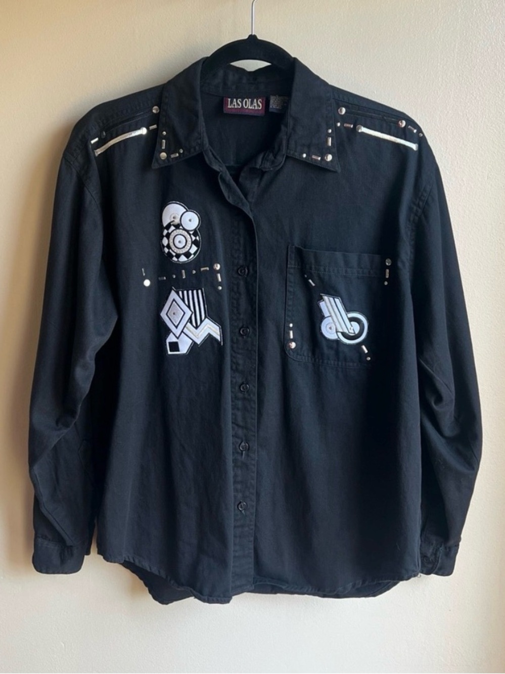 Vintage Las Olas Western Art Button Up Black Cotton Studded Shirt